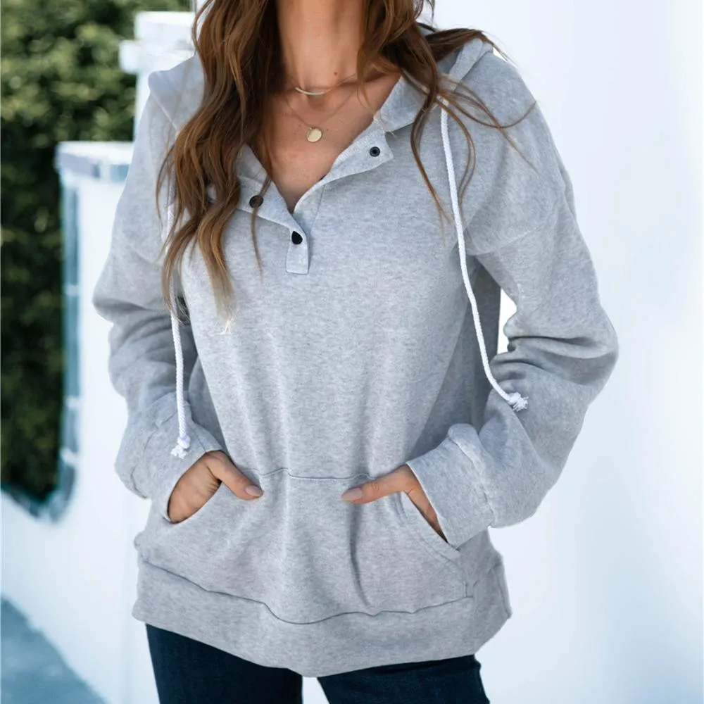 Women solid color button collar hoodie sweatshirt with pocket