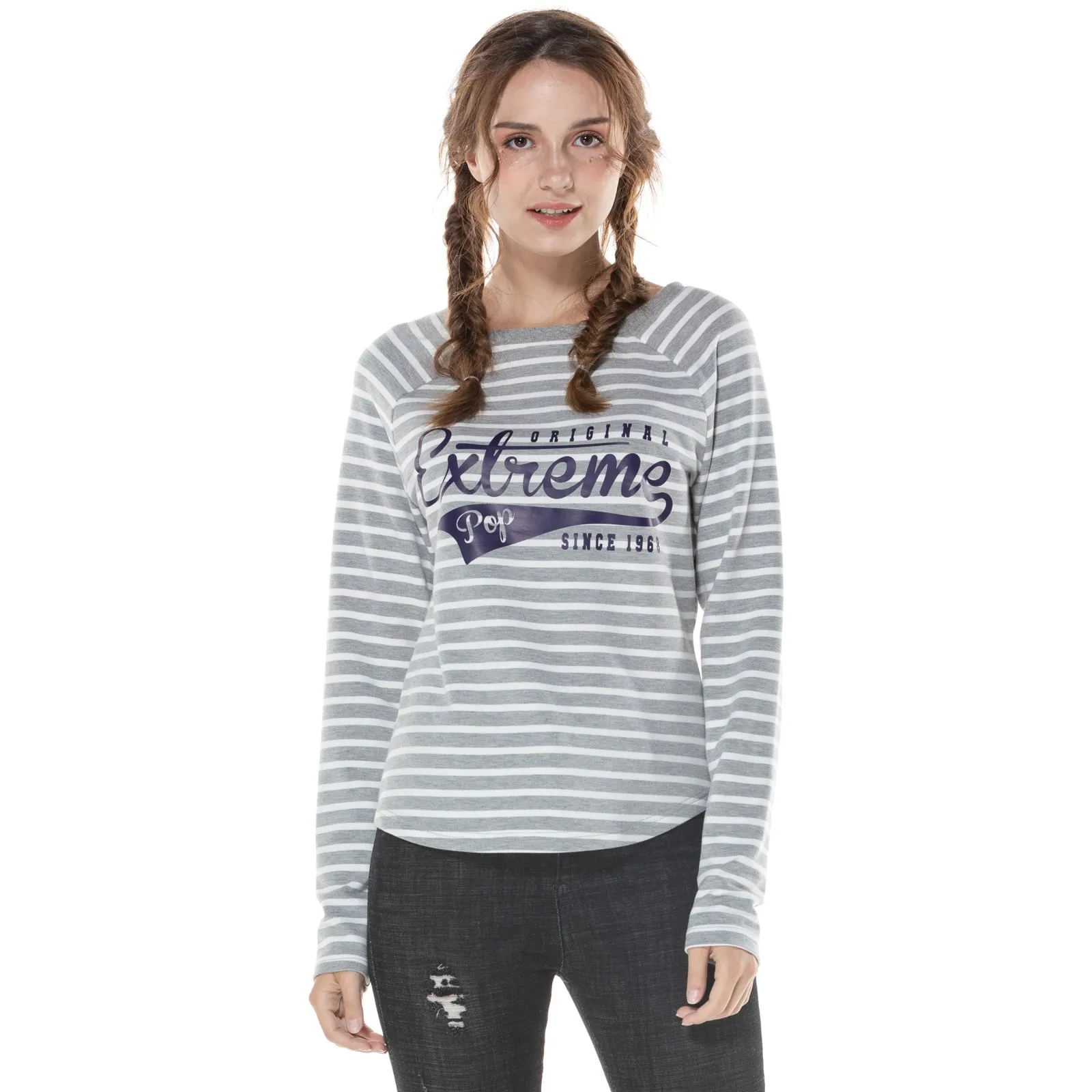 Women's Stripe Raglan Sweatshirt S M L XL Pink Navy Grey