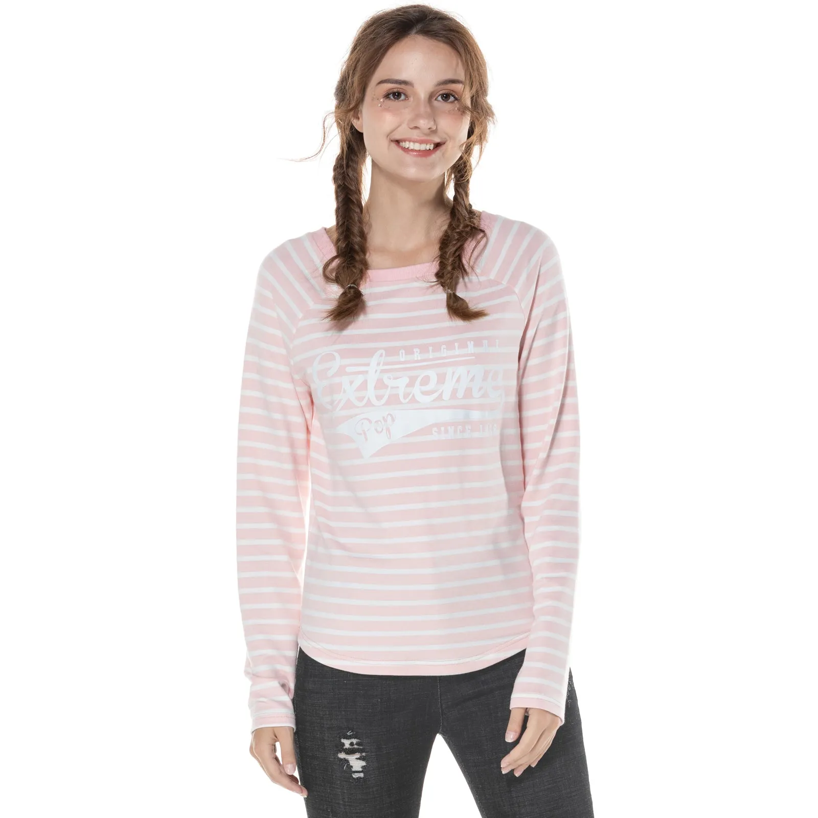 Women's Stripe Raglan Sweatshirt S M L XL Pink Navy Grey