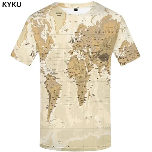 World Map T-shirt Men Yellow Shirt Print Pattern Tshirts Novelty Short Sleeve