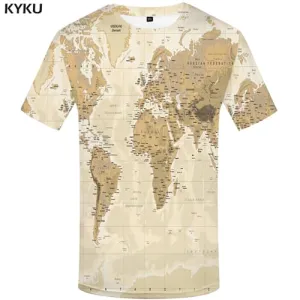 World Map T-shirt Men Yellow Shirt Print Pattern Tshirts Novelty Short Sleeve